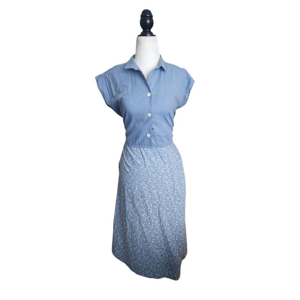 Blue Vintage Handmade Dress 70s A-line Midi Blazer Set Floral Button Collared